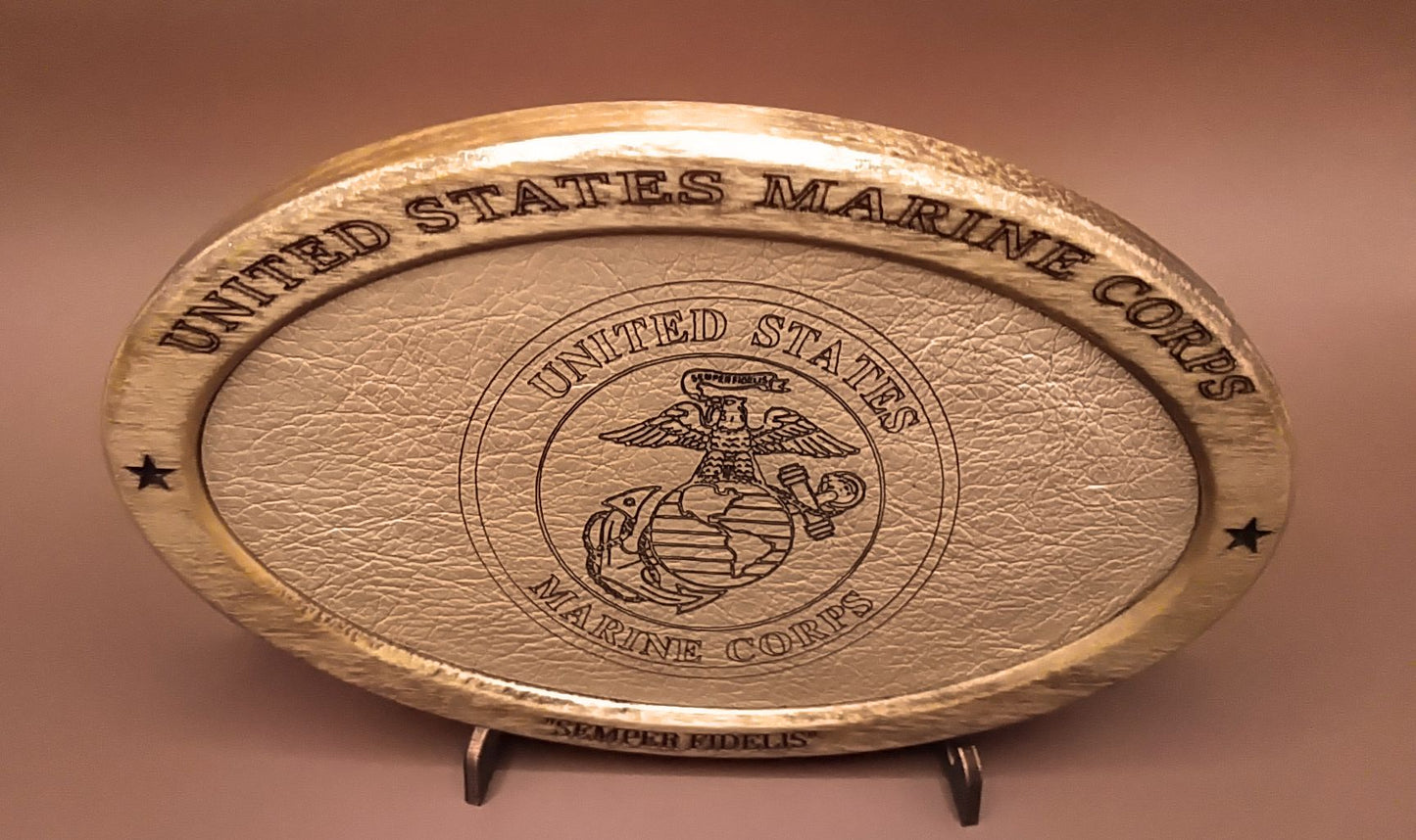 US Marine Corps Service Recognition Plaque, Engraved Leather,Solid Wood,Veteran Gift,Military Gift,Desk Display,Wood Carving,USMC