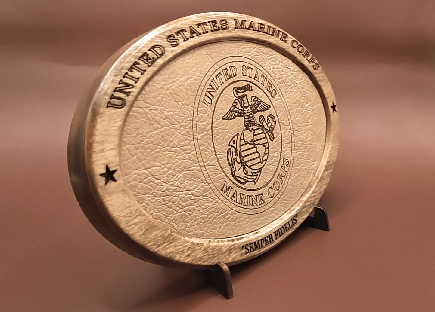 US Marine Corps Service Recognition Plaque, Engraved Leather,Solid Wood,Veteran Gift,Military Gift,Desk Display,Wood Carving,USMC