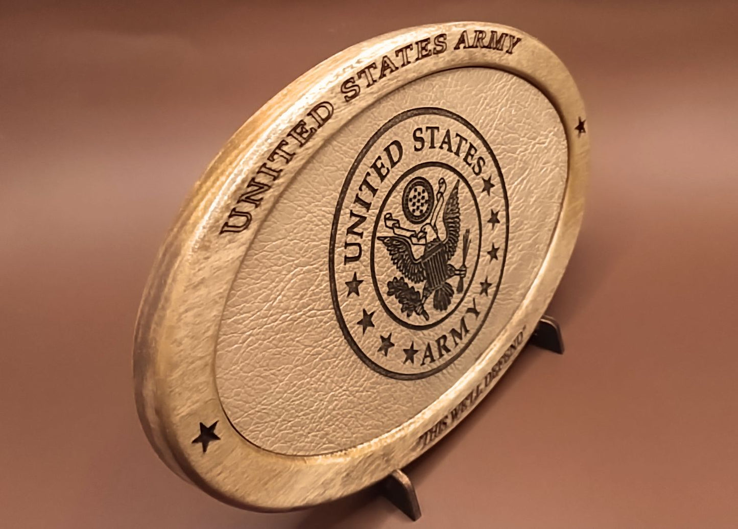 US Army Service Recognition Plaque,Patriotic Display,Engraved Leather,Veteran Gift,Military Gift,Desk Display,USA,Wood Carving, Desk Display