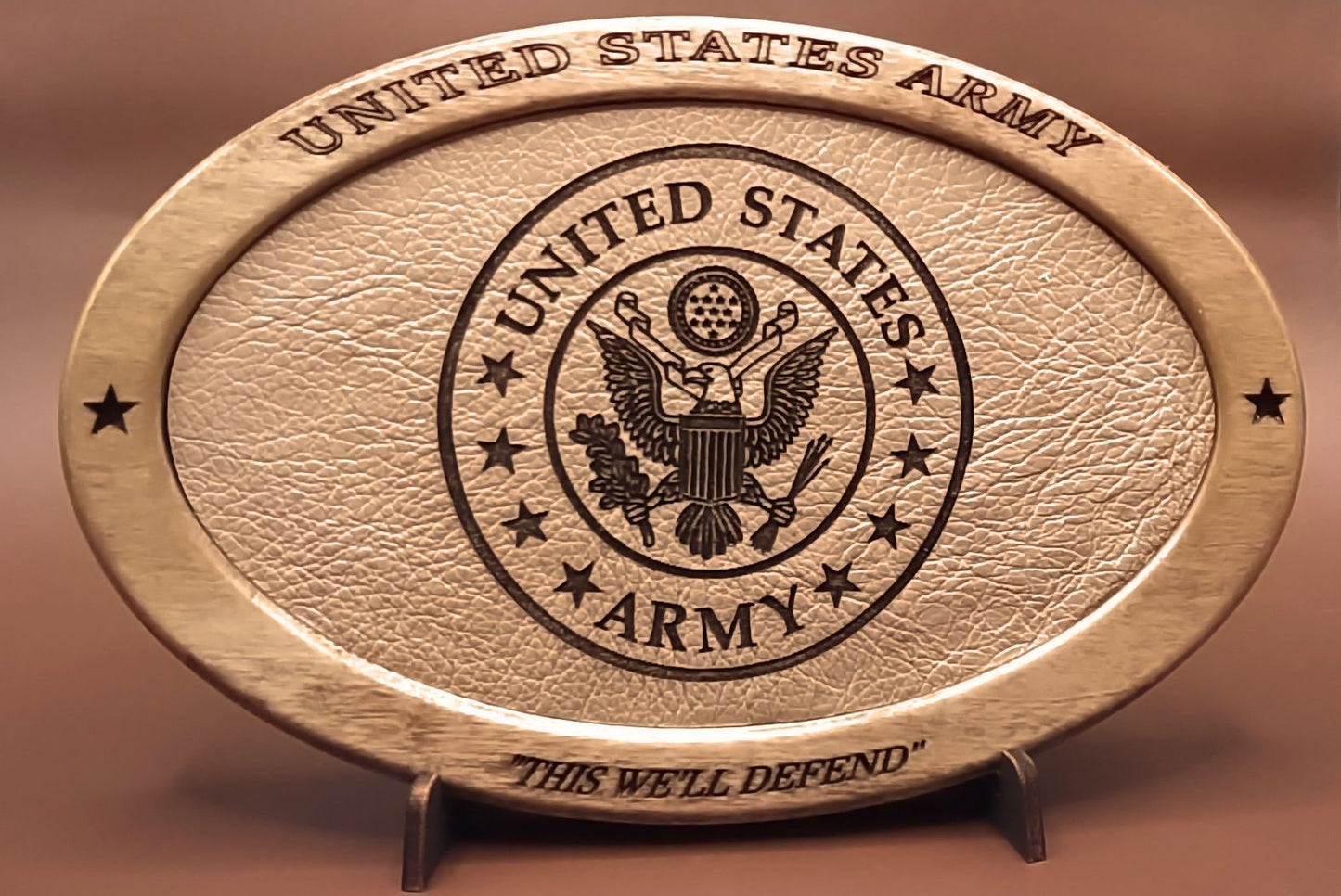 US Army Service Recognition Plaque,Patriotic Display,Engraved Leather,Veteran Gift,Military Gift,Desk Display,USA,Wood Carving, Desk Display