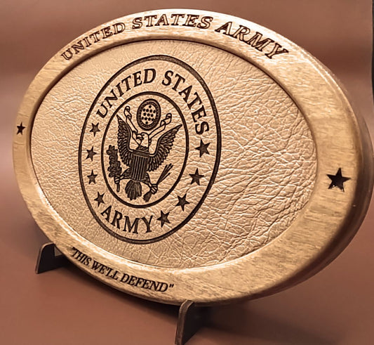 US Army Service Recognition Plaque,Patriotic Display,Engraved Leather,Veteran Gift,Military Gift,Desk Display,USA,Wood Carving, Desk Display