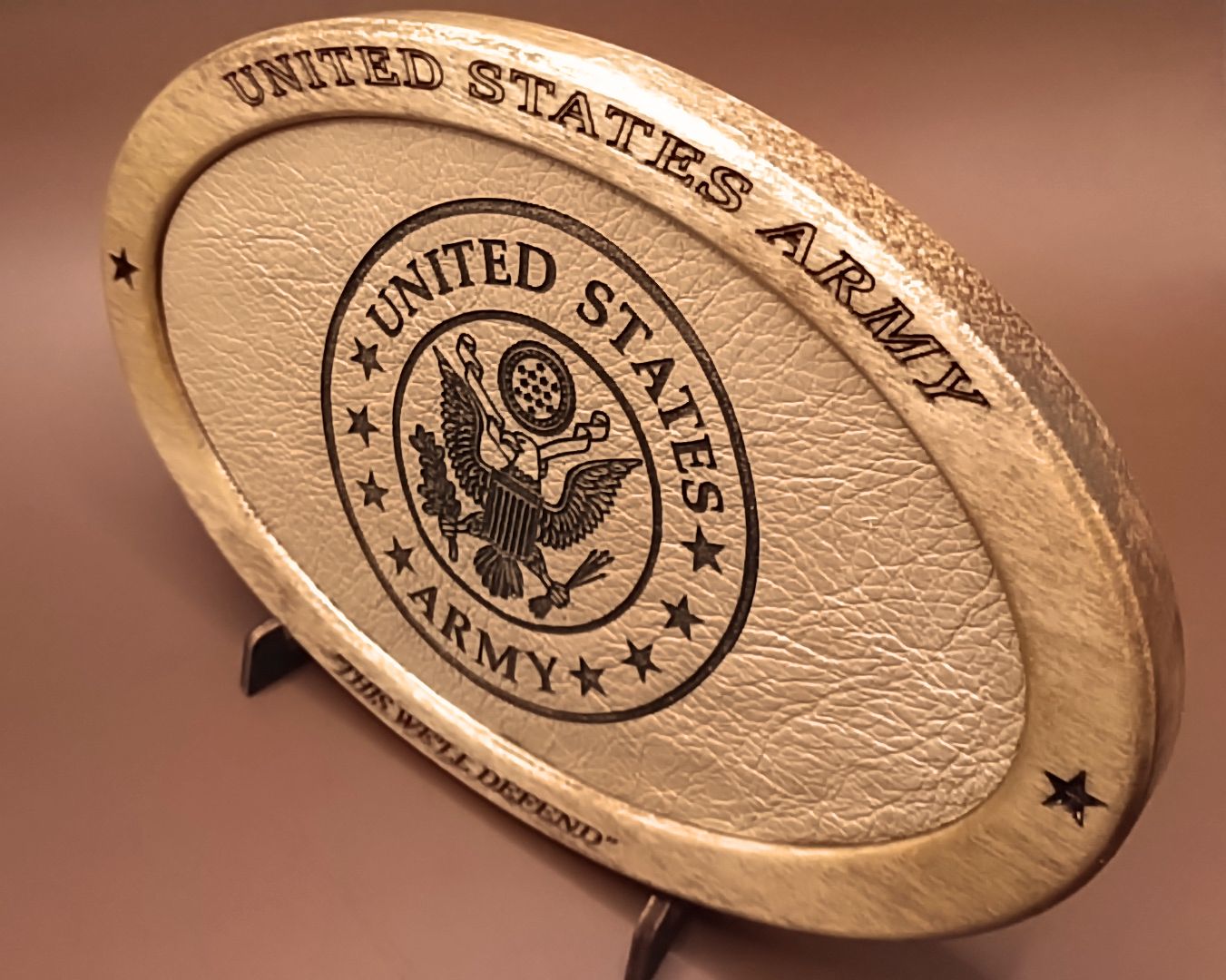 US Army Service Recognition Plaque,Patriotic Display,Engraved Leather,Veteran Gift,Military Gift,Desk Display,USA,Wood Carving, Desk Display