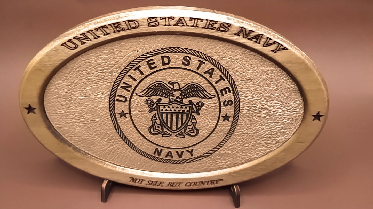 US Navy Service Recognition Plaque, Engraved Leather,Solid Wood,Veteran Gift,Military Gift,Desk Display,Navy,Wood Carving,Appreciation Gift