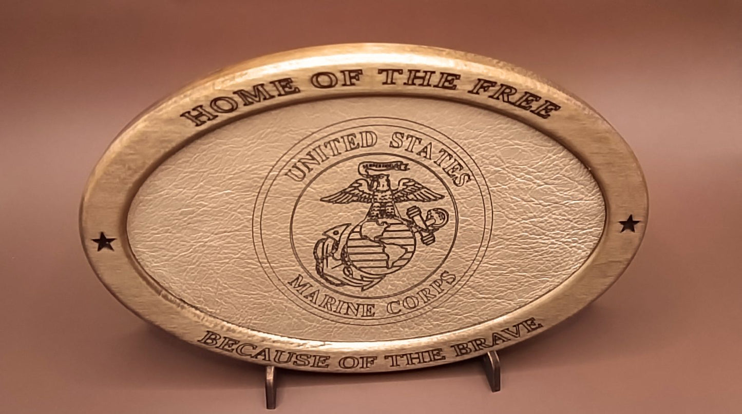 US Marine Corps Service Recognition Plaque, Engraved Leather,Solid Wood,Veteran Gift,Military Gift, Birthday Gift,Desk Display, USMC