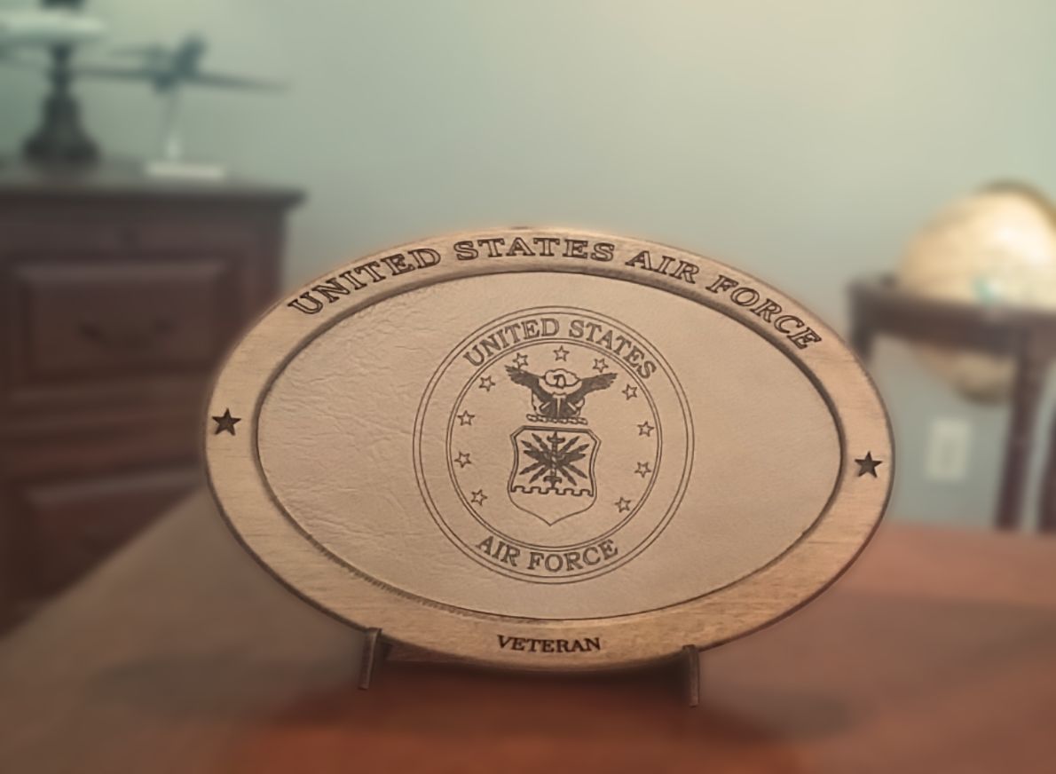 US Air Force Veteran Service Recognition Plaque, Engraved Leather,Hand-Finished Wood,Military Gift,Desk Display,USAF,Solid Wood,Desk Display