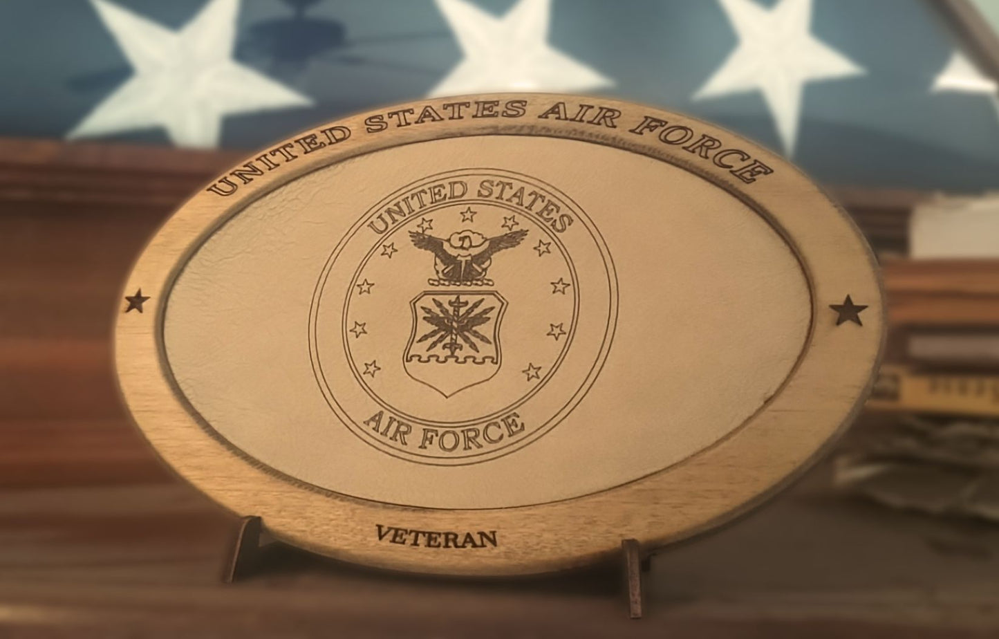 US Air Force Veteran Service Recognition Plaque, Engraved Leather,Hand-Finished Wood,Military Gift,Desk Display,USAF,Solid Wood,Desk Display