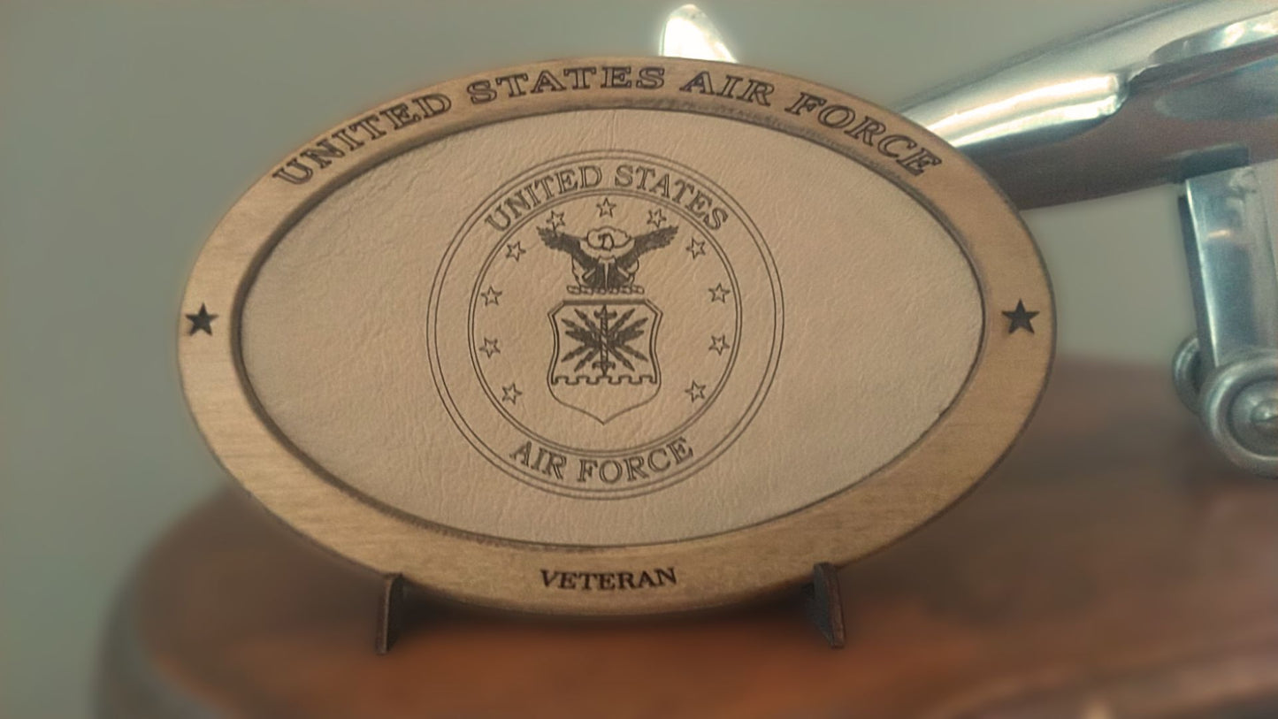 US Air Force Veteran Service Recognition Plaque, Engraved Leather,Hand-Finished Wood,Military Gift,Desk Display,USAF,Solid Wood,Desk Display