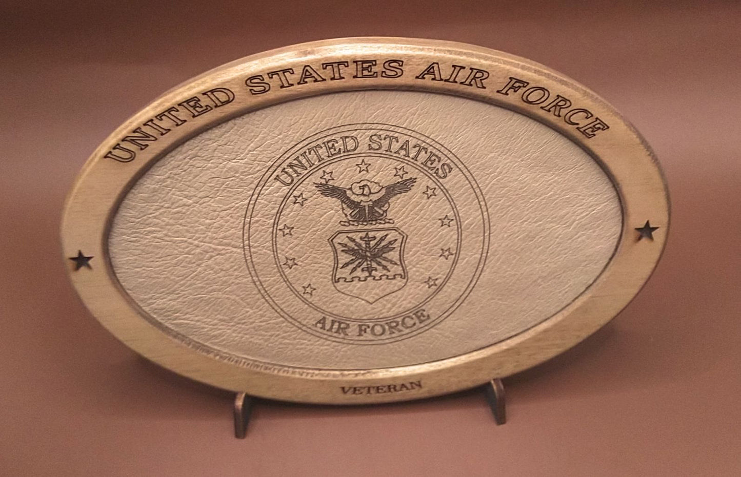 US Air Force Veteran Service Recognition Plaque, Engraved Leather,Hand-Finished Wood,Military Gift,Desk Display,USAF,Solid Wood,Desk Display