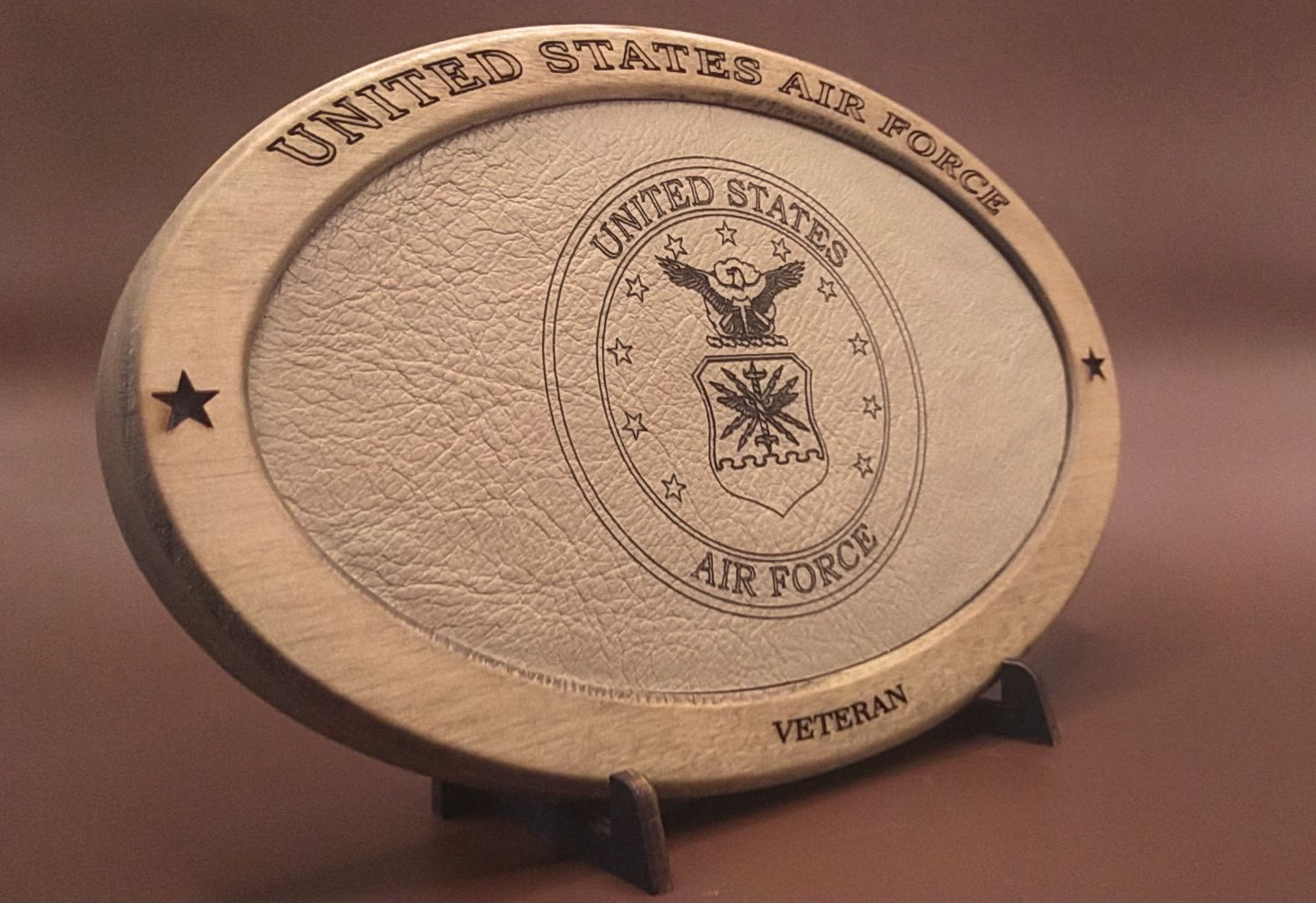 US Air Force Veteran Service Recognition Plaque, Engraved Leather,Hand-Finished Wood,Military Gift,Desk Display,USAF,Solid Wood,Desk Display