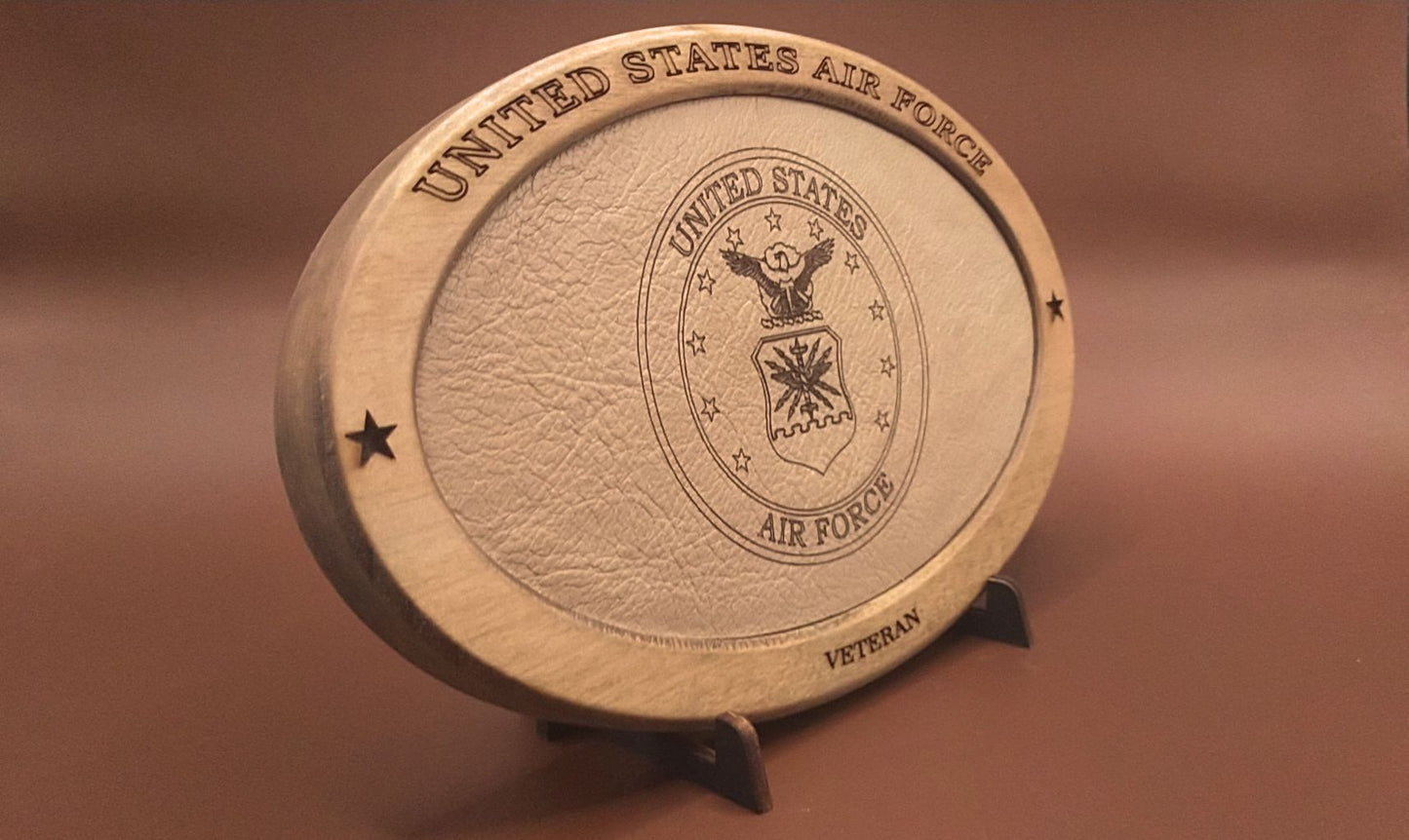 US Air Force Veteran Service Recognition Plaque, Engraved Leather,Hand-Finished Wood,Military Gift,Desk Display,USAF,Solid Wood,Desk Display