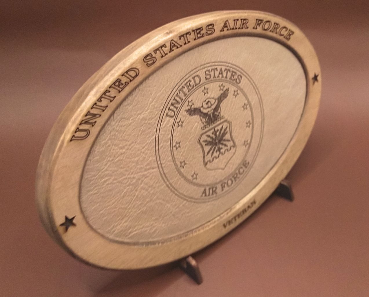 US Air Force Veteran Service Recognition Plaque, Engraved Leather,Hand-Finished Wood,Military Gift,Desk Display,USAF,Solid Wood,Desk Display