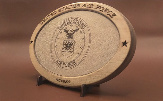 US Air Force Veteran Service Recognition Plaque, Engraved Leather,Hand-Finished Wood,Military Gift,Desk Display,USAF,Solid Wood,Desk Display