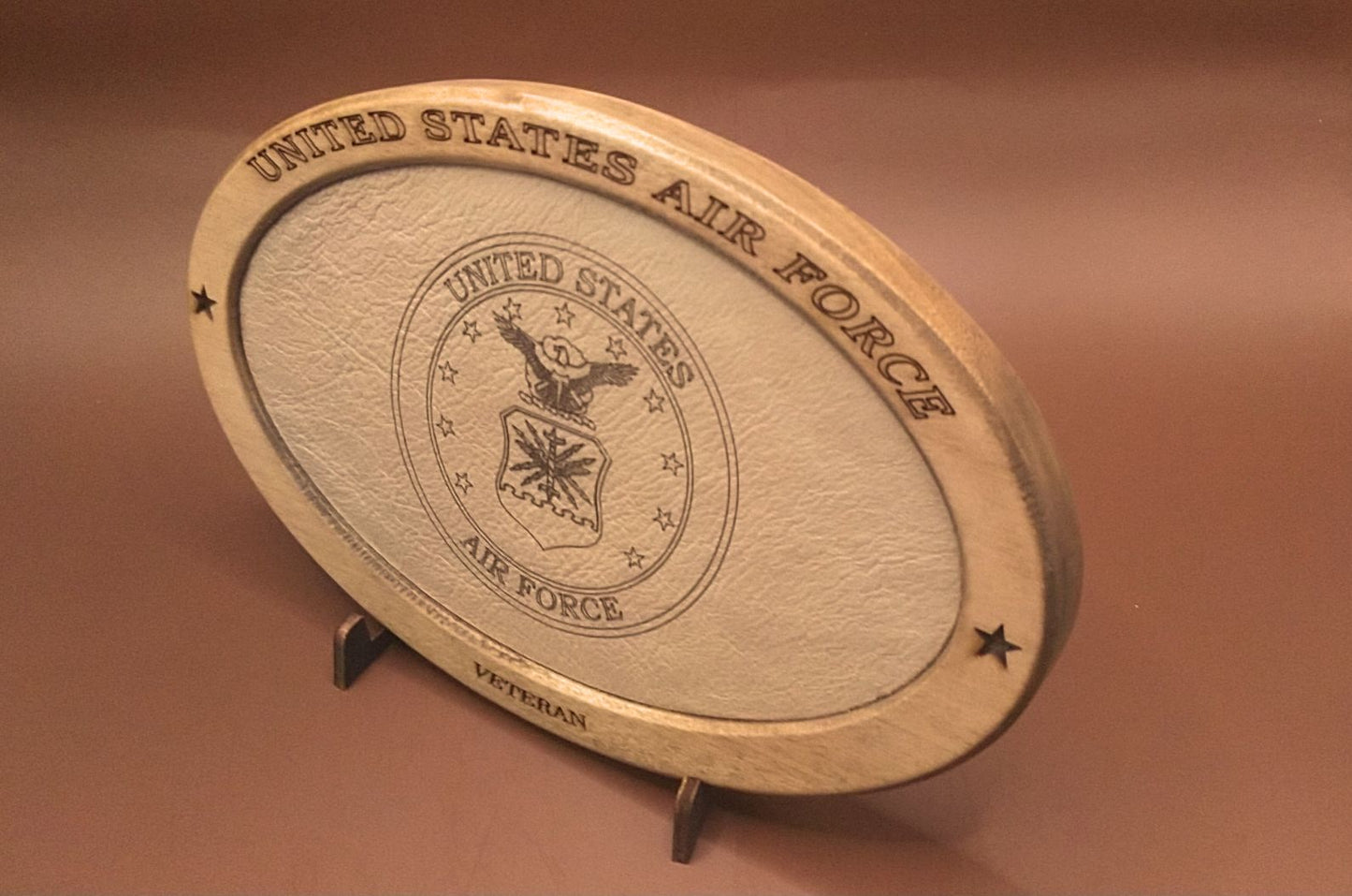 US Air Force Veteran Service Recognition Plaque, Engraved Leather,Hand-Finished Wood,Military Gift,Desk Display,USAF,Solid Wood,Desk Display