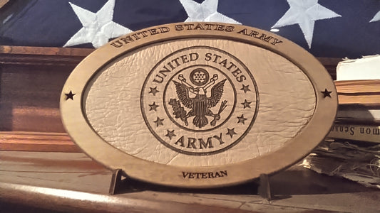 US Army Veteran Service Recognition Plaque, Engraved Leather,Hand-Finished,Wood Plaque,Military Gift,Desk Display,Wood Carving, Desk Display