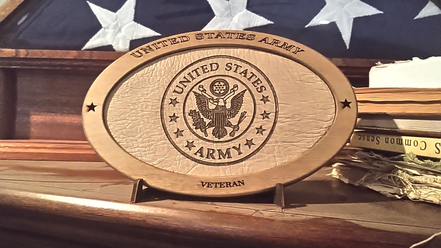 US Army Veteran Service Recognition Plaque, Engraved Leather,Hand-Finished,Wood Plaque,Military Gift,Desk Display,Wood Carving, Desk Display