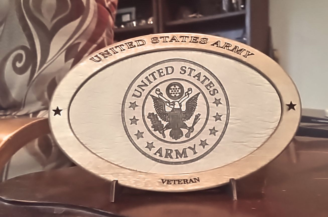 US Army Veteran Service Recognition Plaque, Engraved Leather,Hand-Finished,Wood Plaque,Military Gift,Desk Display,Wood Carving, Desk Display