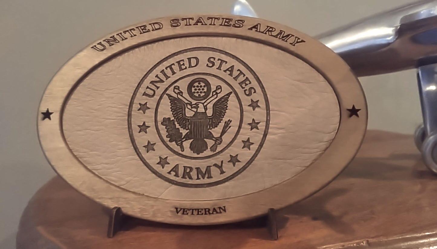 US Army Veteran Service Recognition Plaque, Engraved Leather,Hand-Finished,Wood Plaque,Military Gift,Desk Display,Wood Carving, Desk Display