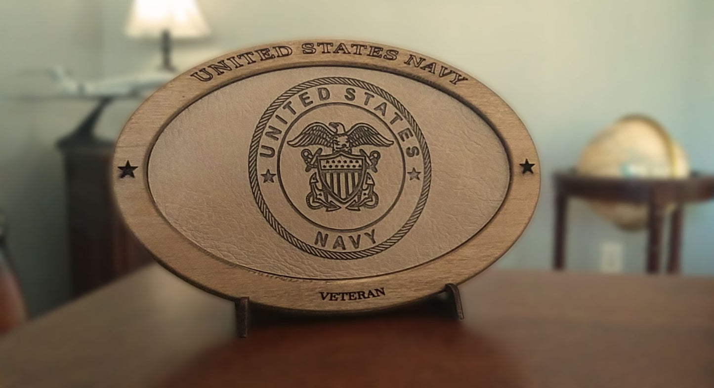 US Navy Veteran Service Recognition Plaque,Engraved Leather,Solid,Military Gift,Desk Display,Navy,Wood Carving,Desk Display,Recognition