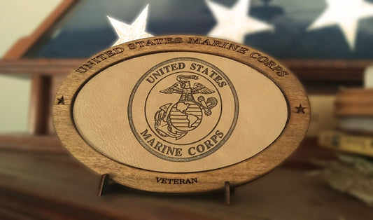 US Marine Corps Veteran Service Recognition Plaque, Engraved Leather,Hand-Finished,Military Gift,Desk Display,USMC,Solid Wood,Desk Display