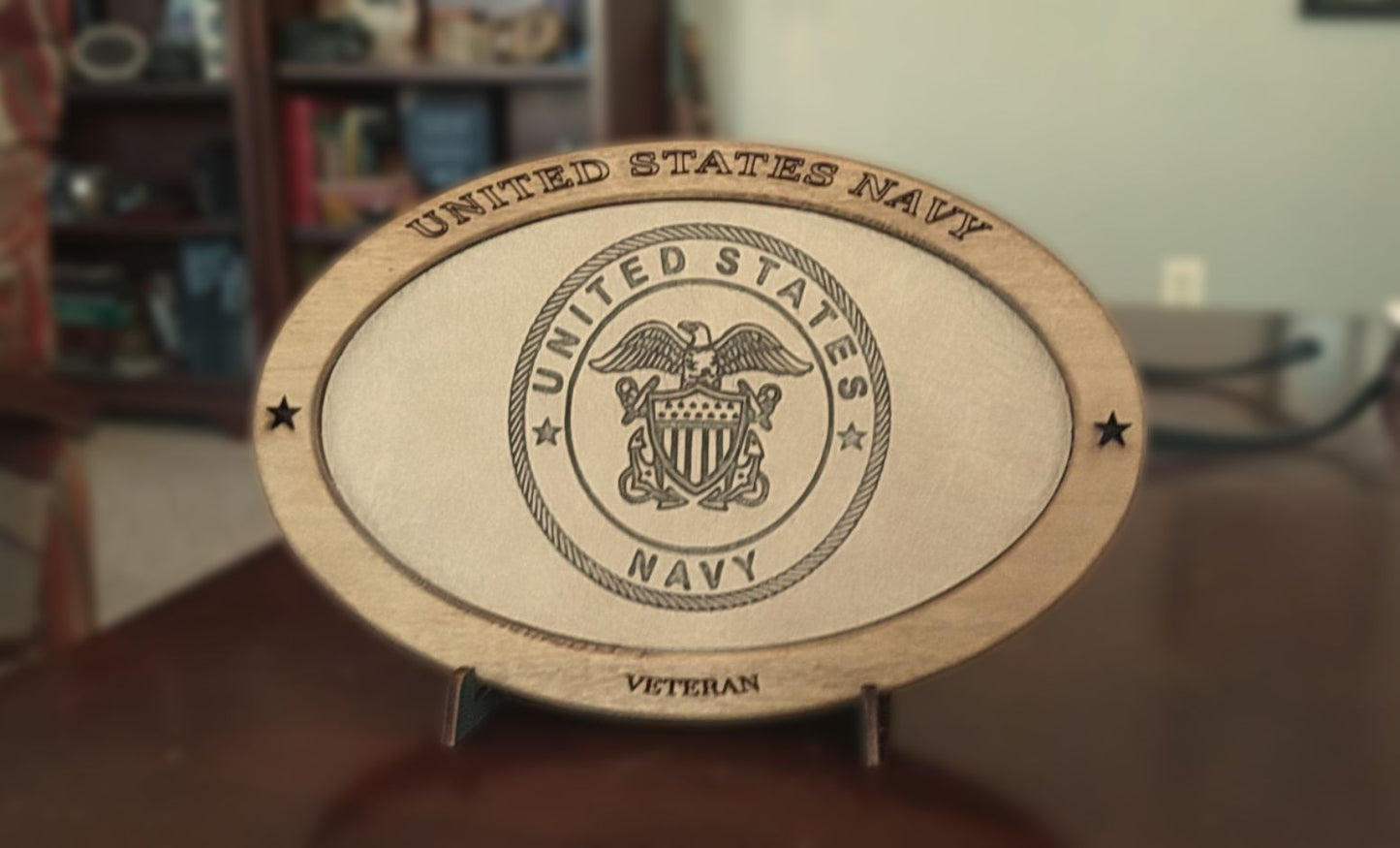 US Navy Veteran Service Recognition Plaque,Engraved Leather,Solid,Military Gift,Desk Display,Navy,Wood Carving,Desk Display,Recognition