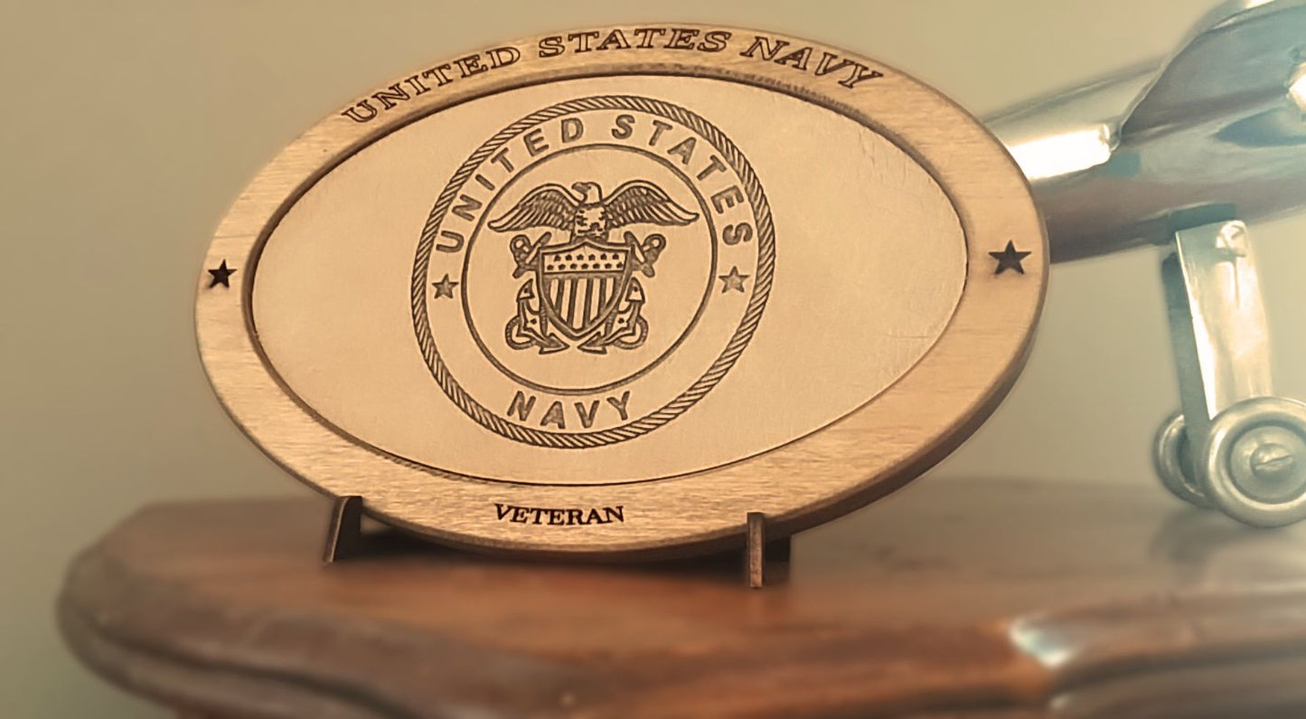 US Navy Veteran Service Recognition Plaque,Engraved Leather,Solid,Military Gift,Desk Display,Navy,Wood Carving,Desk Display,Recognition