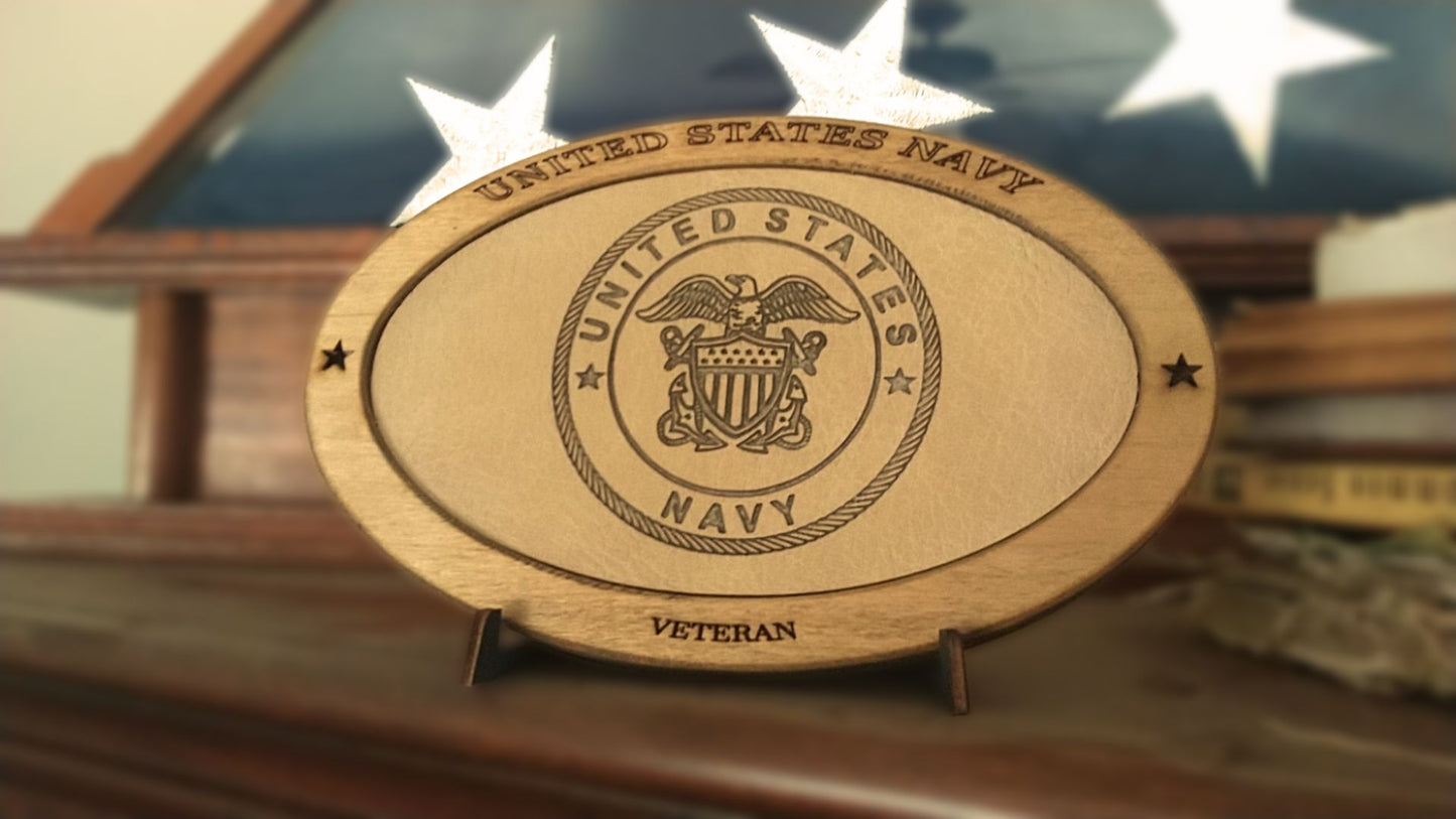 US Navy Veteran Service Recognition Plaque,Engraved Leather,Solid,Military Gift,Desk Display,Navy,Wood Carving,Desk Display,Recognition