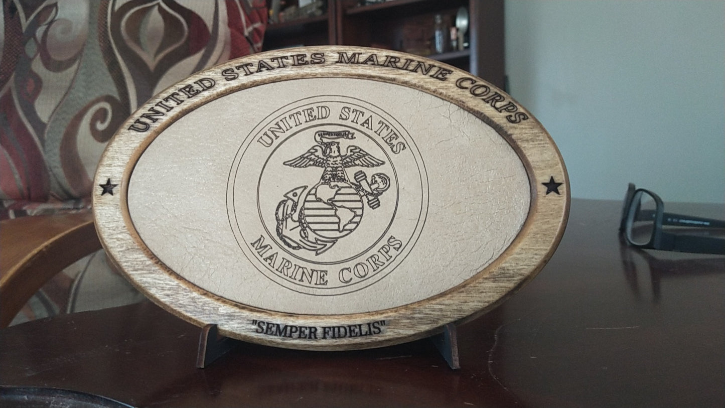 US Marine Corps Service Recognition Plaque, Engraved Leather,Solid Wood,Veteran Gift,Military Gift,Desk Display,Wood Carving,USMC