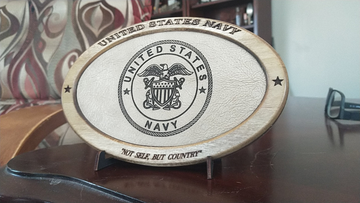 US Navy Service Recognition Plaque, Engraved Leather,Solid Wood,Veteran Gift,Military Gift,Desk Display,Navy,Wood Carving,Appreciation Gift