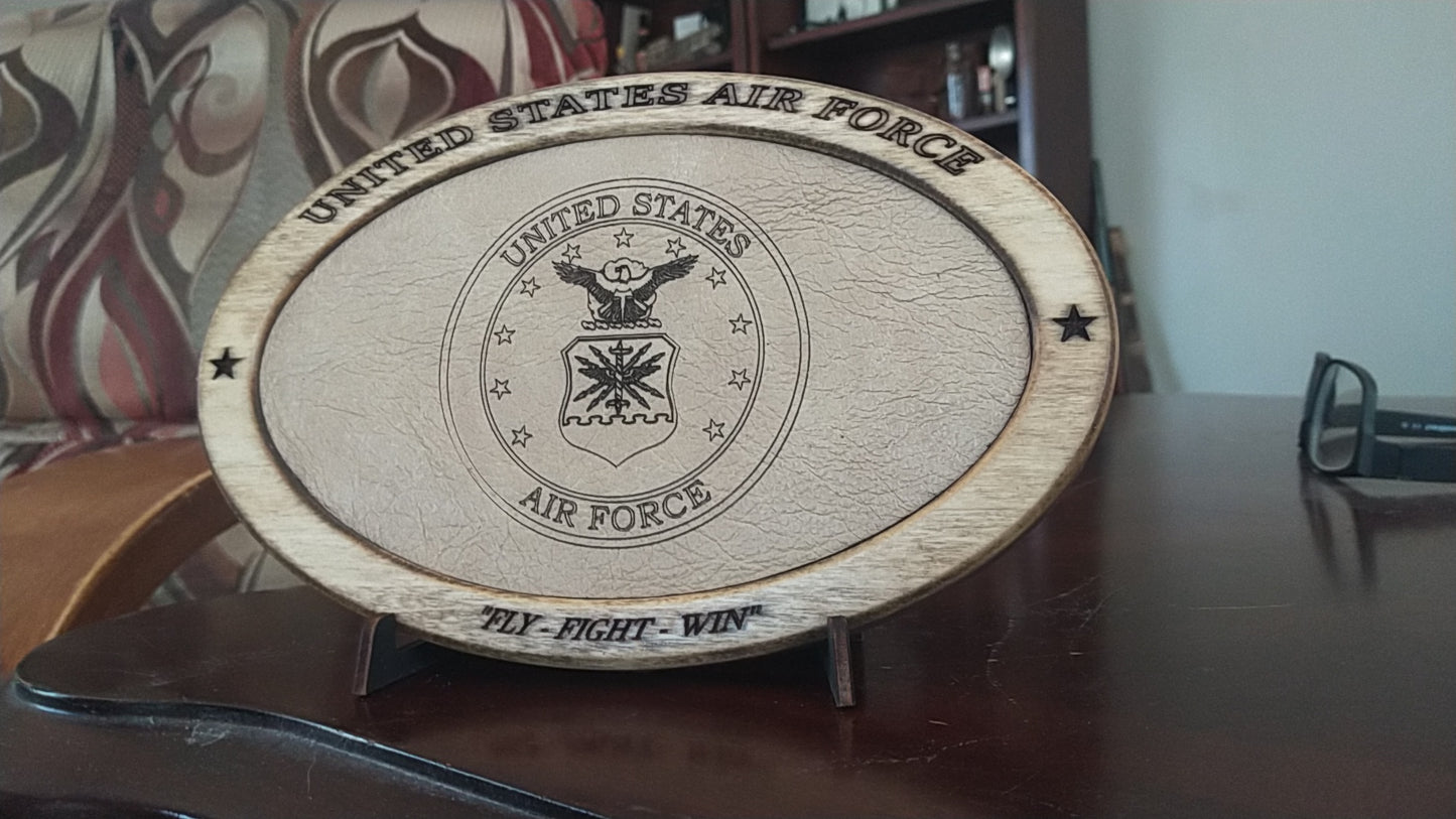 US Air Force Service Recognition Plaque,Engraved Leather,Hand-Finished,Wood Plaque,Veteran Gift,Military Gift,Desk Display,Wood Carving,USAF