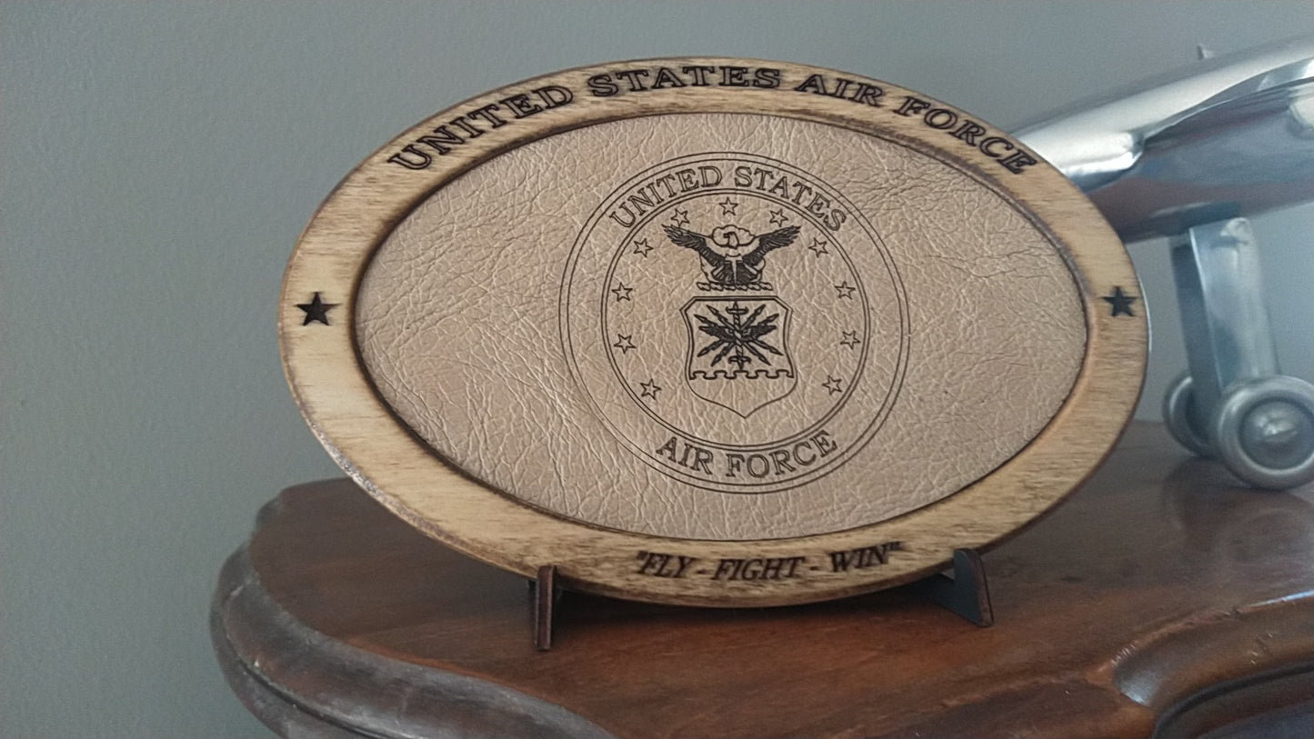 US Air Force Service Recognition Plaque,Engraved Leather,Hand-Finished,Wood Plaque,Veteran Gift,Military Gift,Desk Display,Wood Carving,USAF