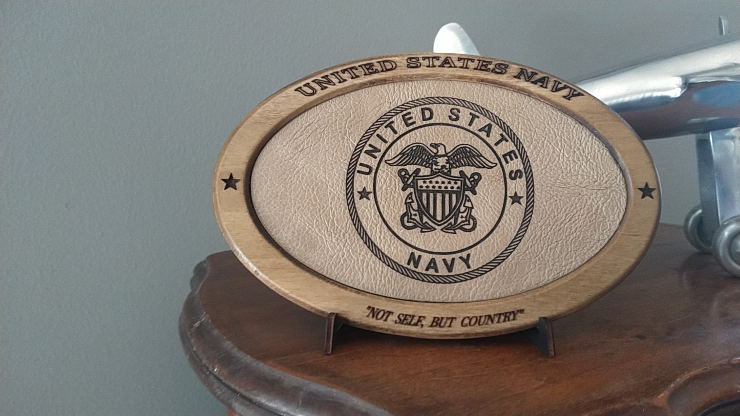 US Navy Service Recognition Plaque, Engraved Leather,Solid Wood,Veteran Gift,Military Gift,Desk Display,Navy,Wood Carving,Appreciation Gift