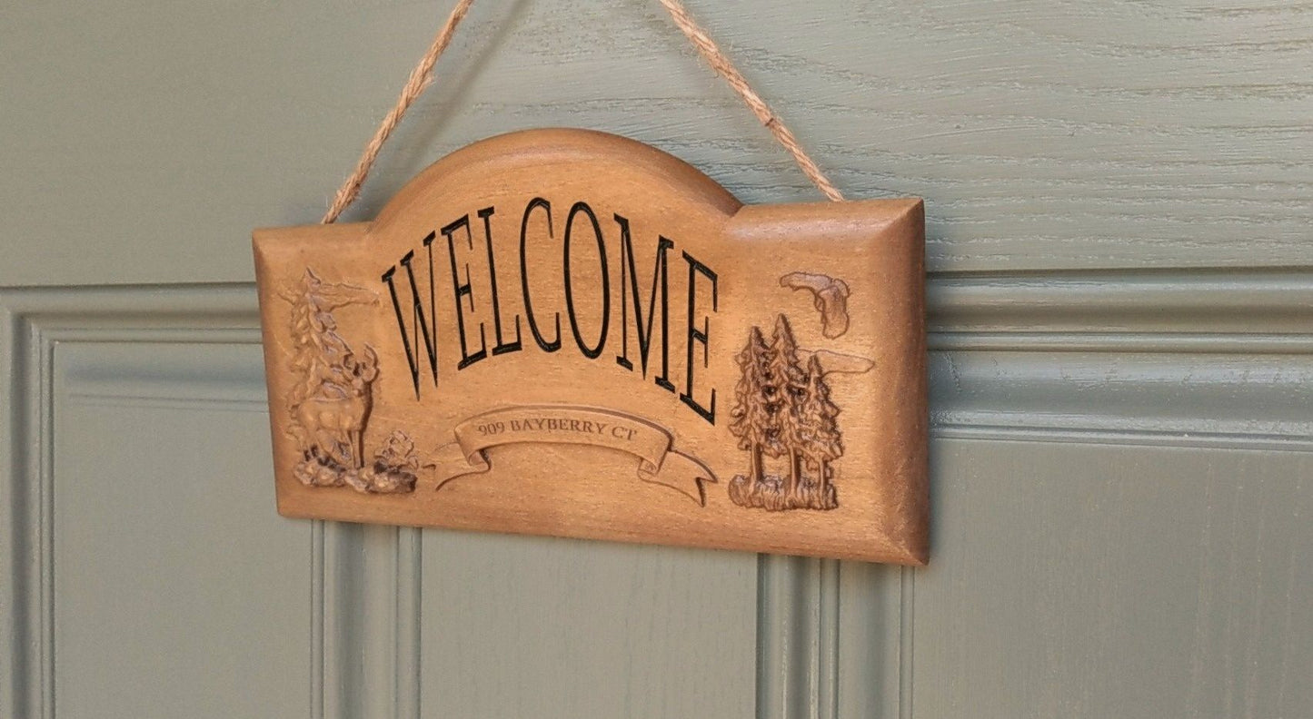 Carved Relief Wooden Welcome Sign,Nature Themed Decor,Personalized,Home Address,Outdoor Decor,Nature Carving,New Home Gift,Closing Gift