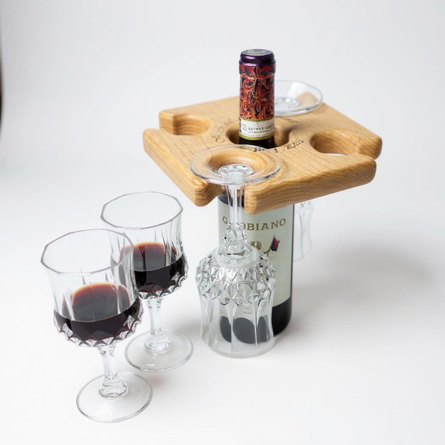 Personalized Wooden Wine Glass Caddy – Handmade, Holds 4 Glasses