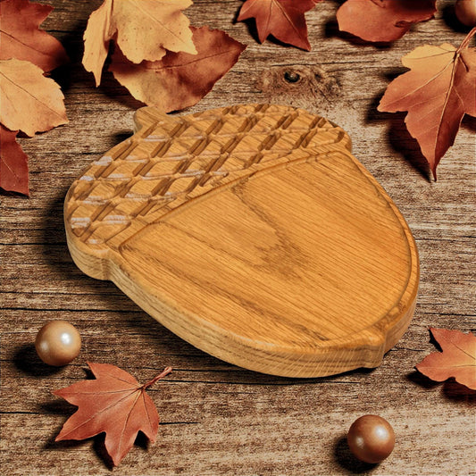 Handcrafted Acorn Serving Tray. Rustic Carved Display Platter. Solid Wood Thanksgiving Decor
