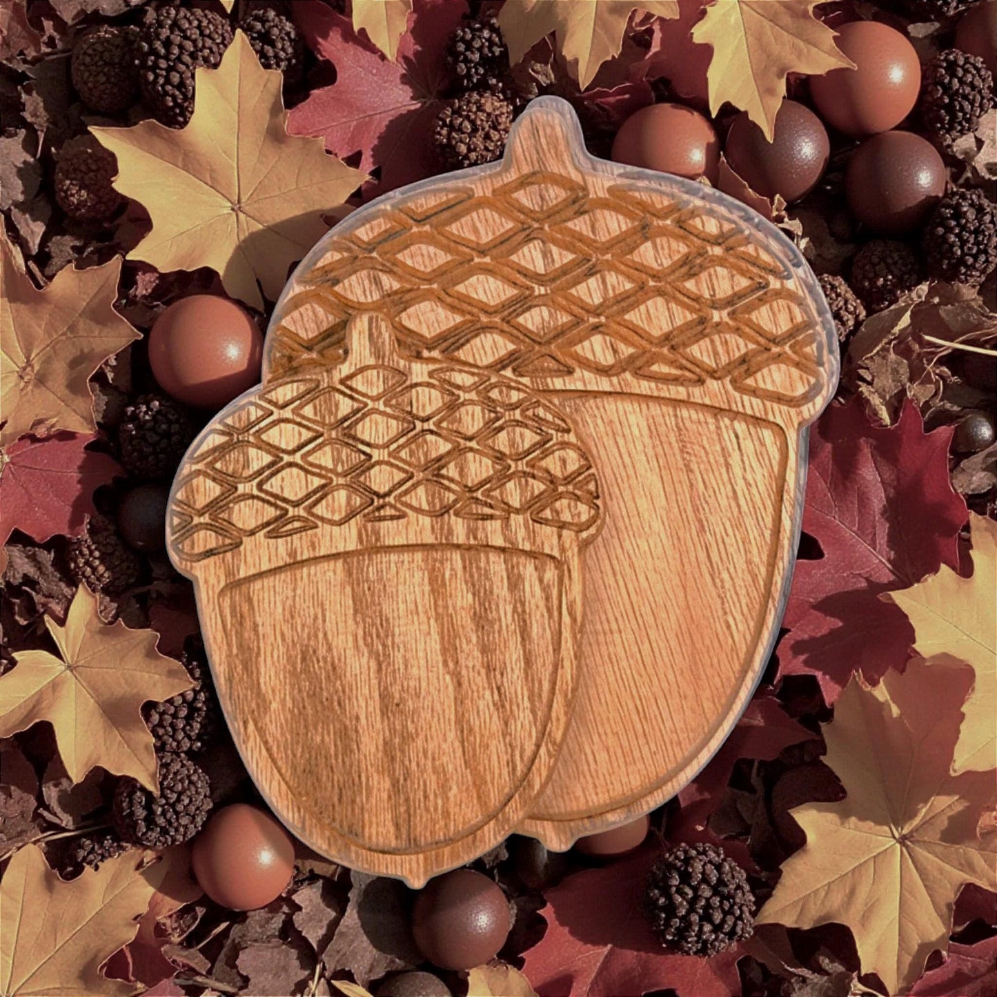 Handcrafted Acorn Serving Tray. Rustic Carved Display Platter. Solid Wood Thanksgiving Decor