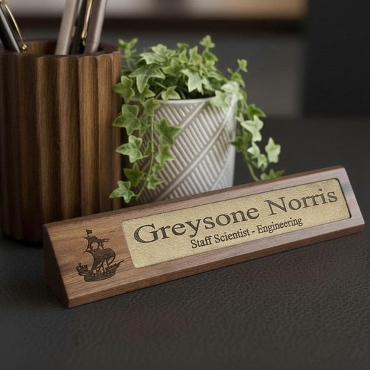 Personalized Engraved Leather Wood Desk Name Plate, Office Gift