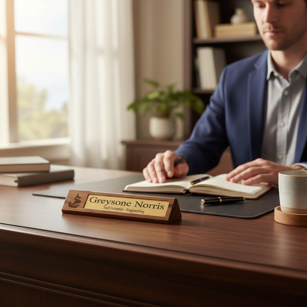 Personalized Engraved Leather Wood Desk Name Plate, Office Gift