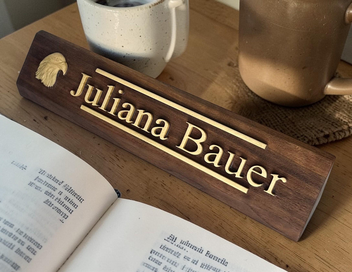Personalized Rustic Nameplate— Carved Wood - your name pops. Desk-ready gift!