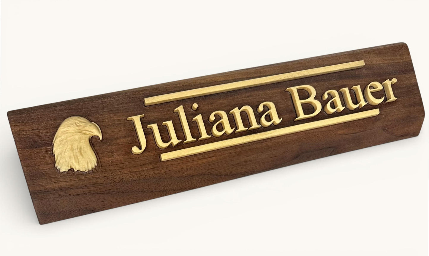 Personalized Rustic Nameplate— Carved Wood - your name pops. Desk-ready gift!