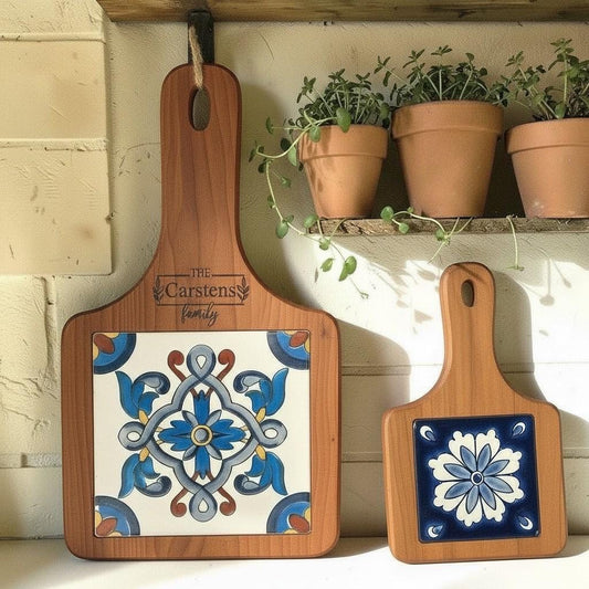 Personalized Vibrant Tile Cutting Board Trivet - Rustic Wood Hot Pad